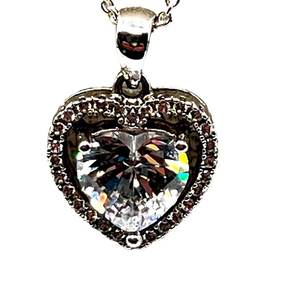 Heart-Shaped Cubic Zirconia Pendant Necklace In 925 Sterling Silver.   A38 - Picture 2 of 10